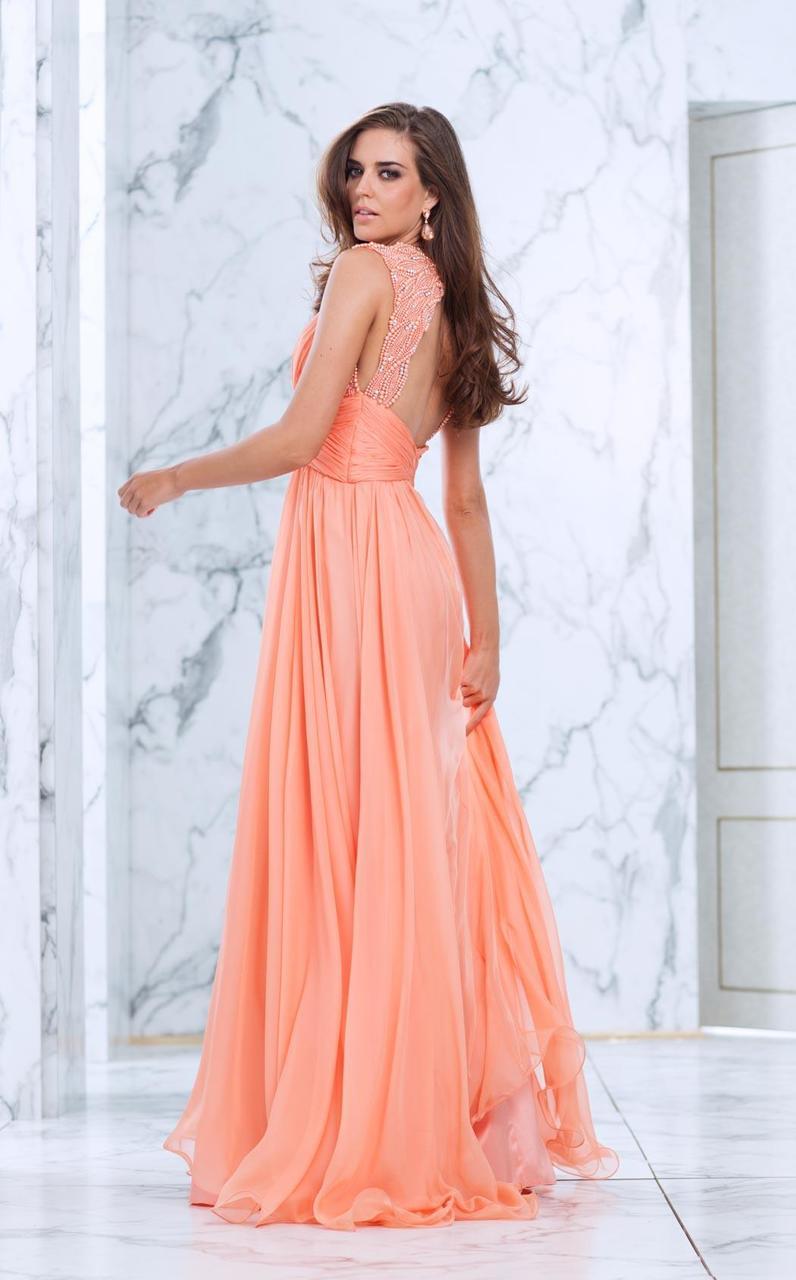 Tarik Ediz - Pearl Accented A-line Dress 50060 in Orange