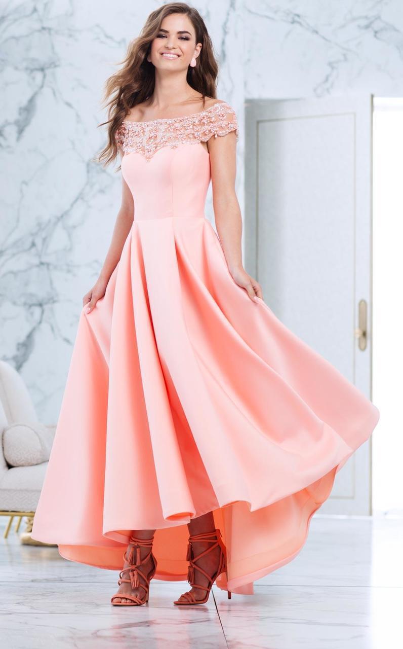 50063 Off The Shoulder A-line Dress in Peach Nectar