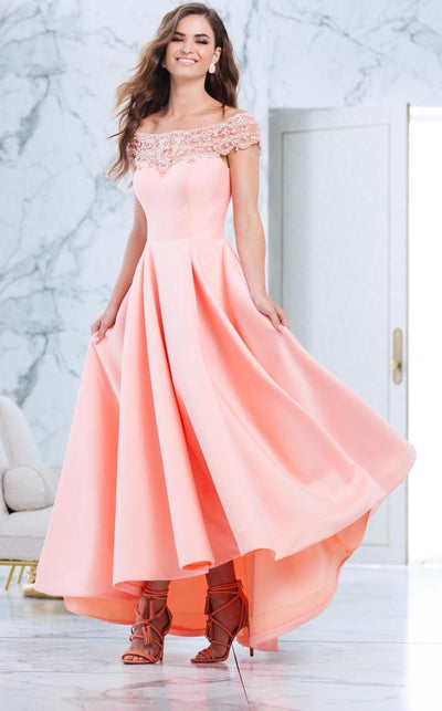 Tarik Ediz - Off The Shoulder A-line Dress 50063 in Pink and Orange