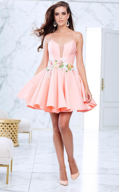 Tarik Ediz - Floral Accented A-line Dress 50067 in Pink and Orange