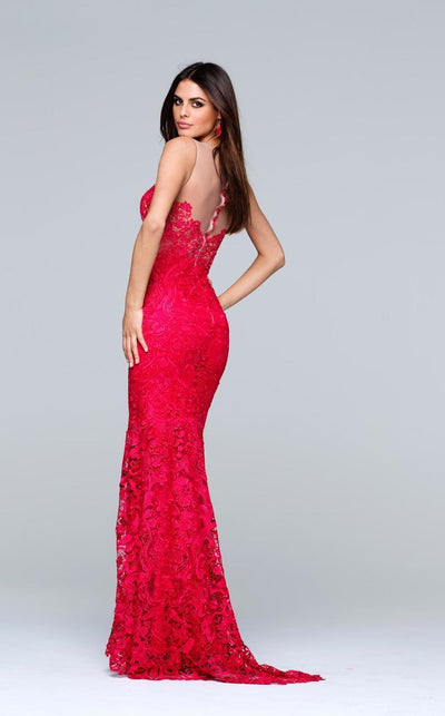 Tarik Ediz - Lace Illusion Neck Dress 50089 in Red