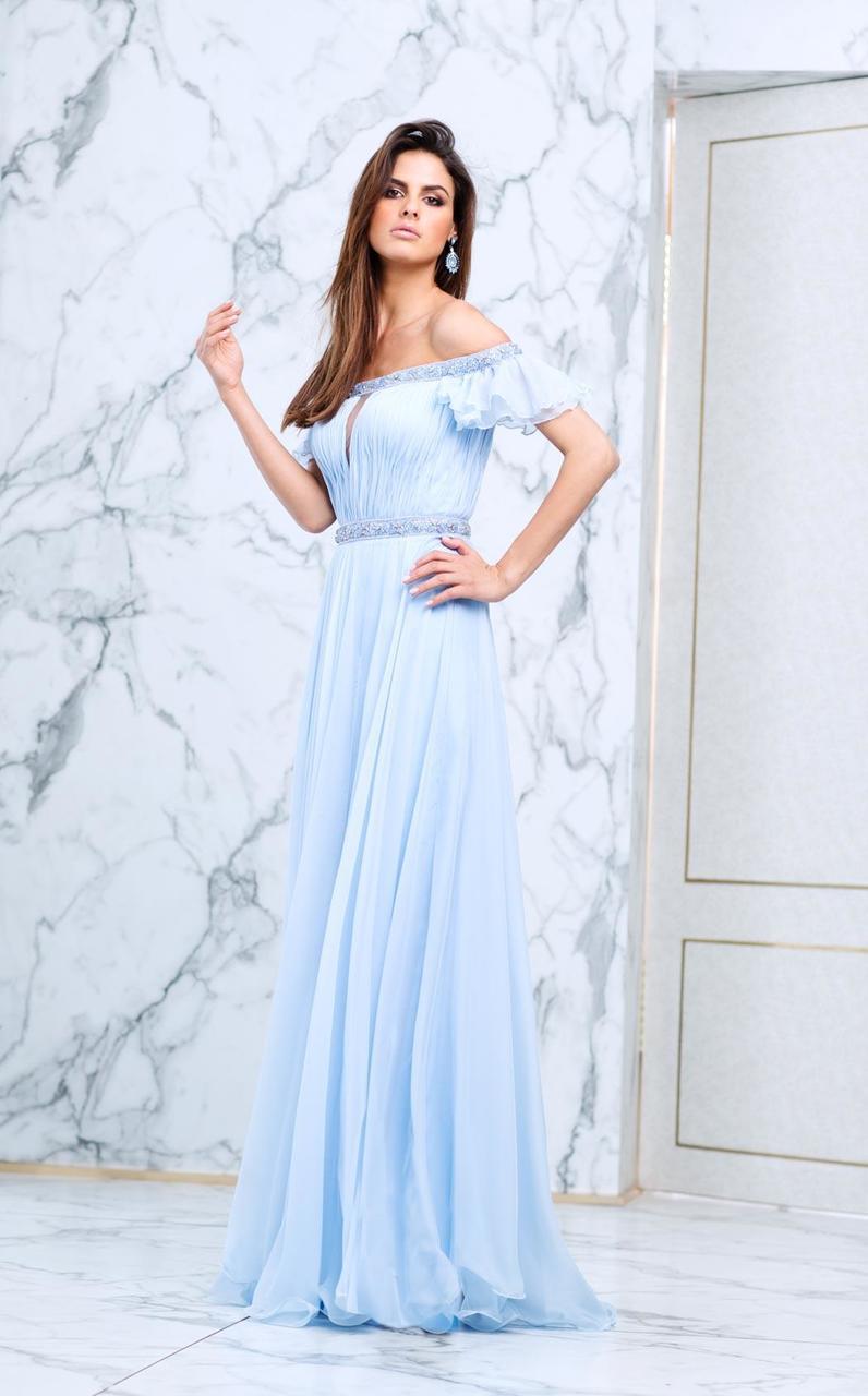 Tarik Ediz - Embellished Off-The-Shoulder Neck Dress 50099 in Blue