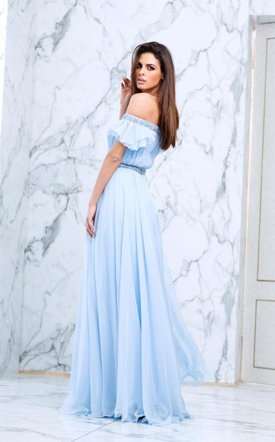 Tarik Ediz - Embellished Off-The-Shoulder Neck Dress 50099 in Blue