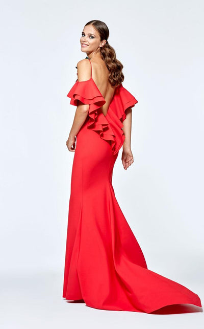 Tarik Ediz - Off-the-Shoulder Ruffle Sleeves Dress 93108 in Red
