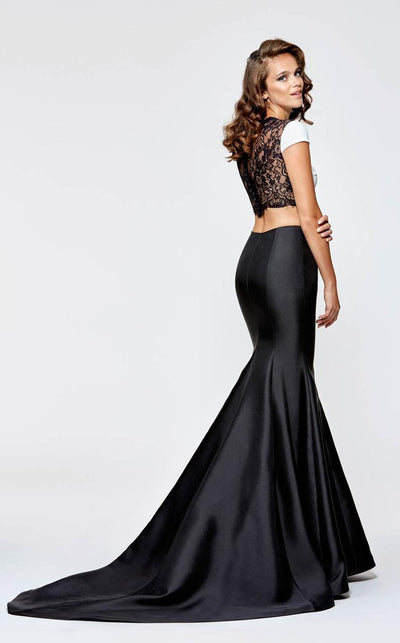Tarik Ediz - 93113 Short Sleeve Contrast Mermaid Gown In Black and White