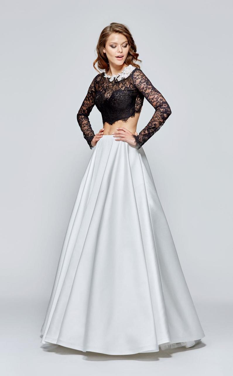 Tarik Ediz - Sheer Lace Taffeta Long Dress 93114 in Black and White