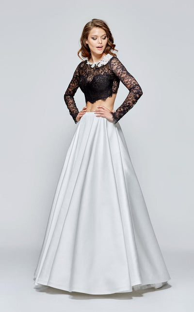 Tarik Ediz - Sheer Lace Taffeta Long Dress 93114 in Black and White