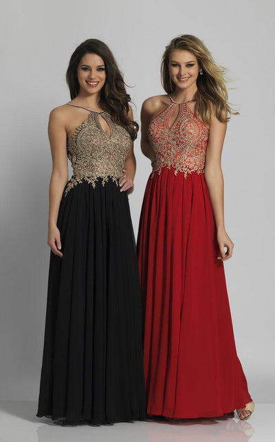 Dave & Johnny - A5011 Halter Gilt Lace Applique Chiffon Dress  In Black and Red
