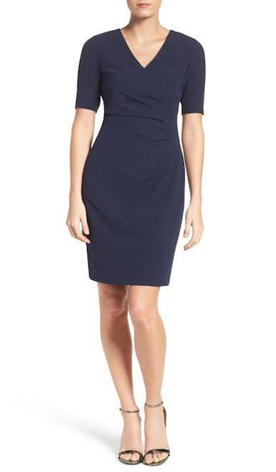 Adrianna Papell - AP1D100811 Short Sleeve V-neck Sheath Dress In Blue