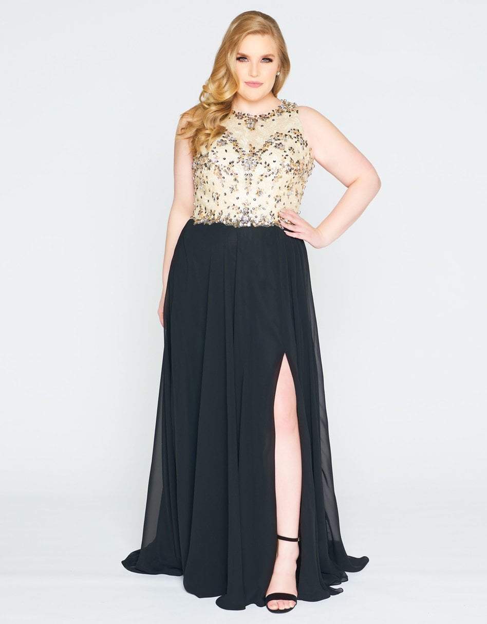 Mac Duggal - 77372F Embellished Lace Jewel Neck A-line Dress in Black and Gold