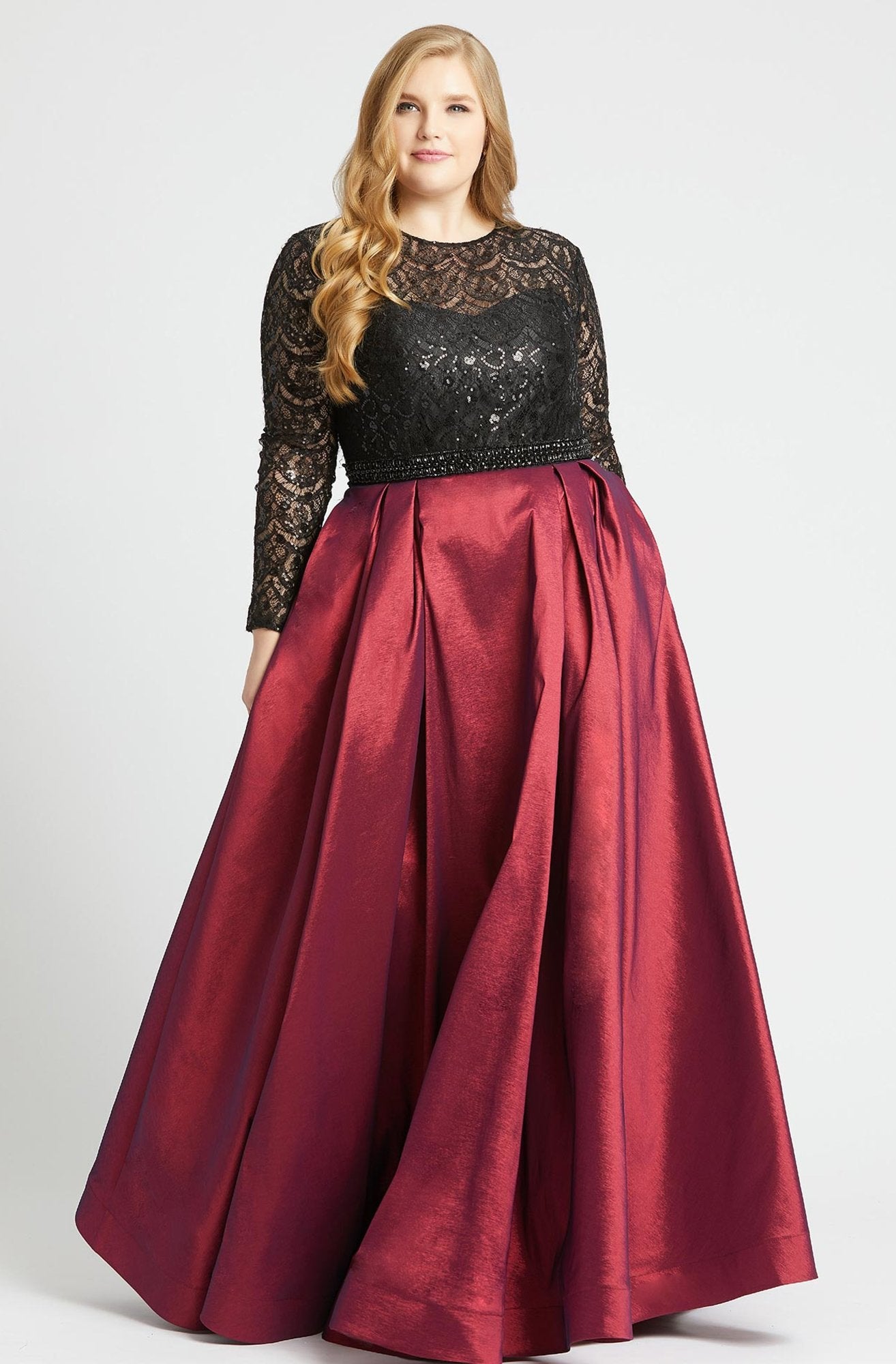 Mac Duggal - 77473F Sequined Lace Long Sleeve Satin Ballgown in Black and Red