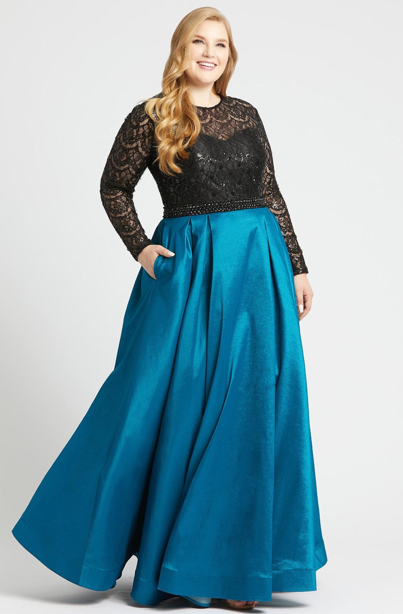 Mac Duggal - 77473F Sequined Lace Long Sleeve Satin Ballgown in Black and Green