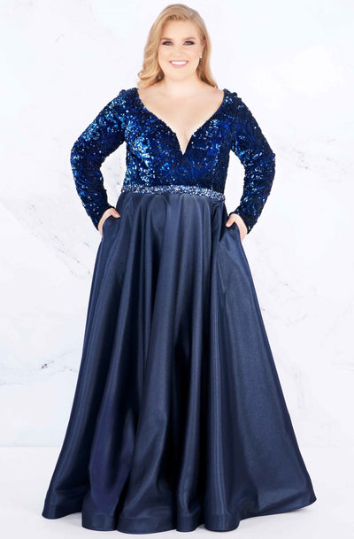 Mac Duggal Fabulouss - 77565F Sequined Plunging Long Sleeves Gown in Blue
