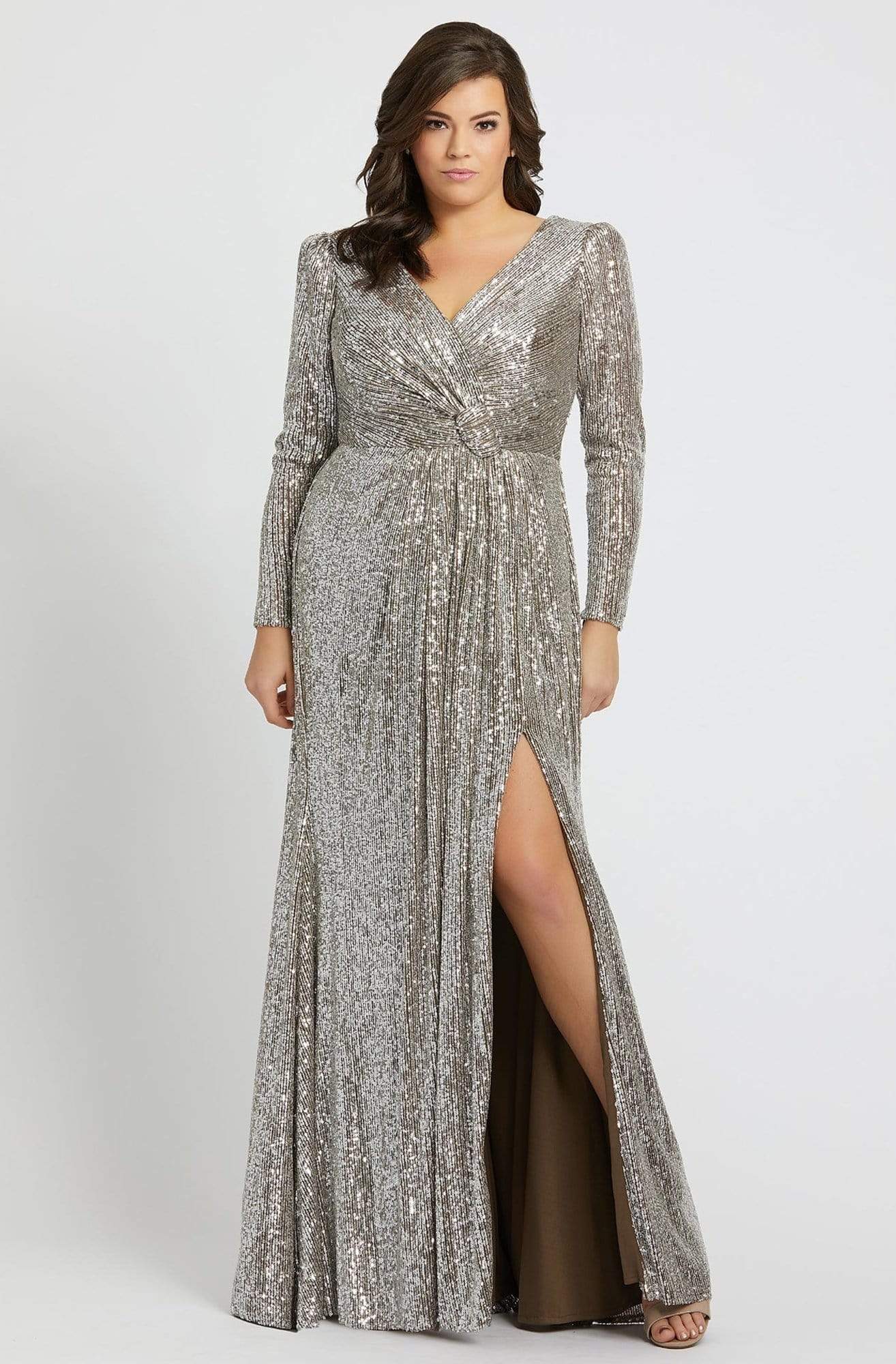 Mac Duggal Fabulouss - 77676F Sequined Long Sleeves Slit Gown Evening Dresses 14W / Silver