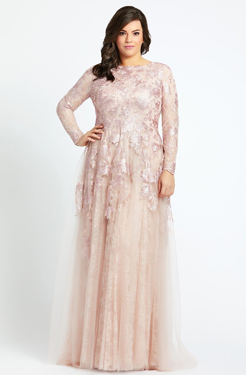 Mac Duggal - Floral Embroidered Long Sleeve A-line Gown 77679F In Pink and Floral