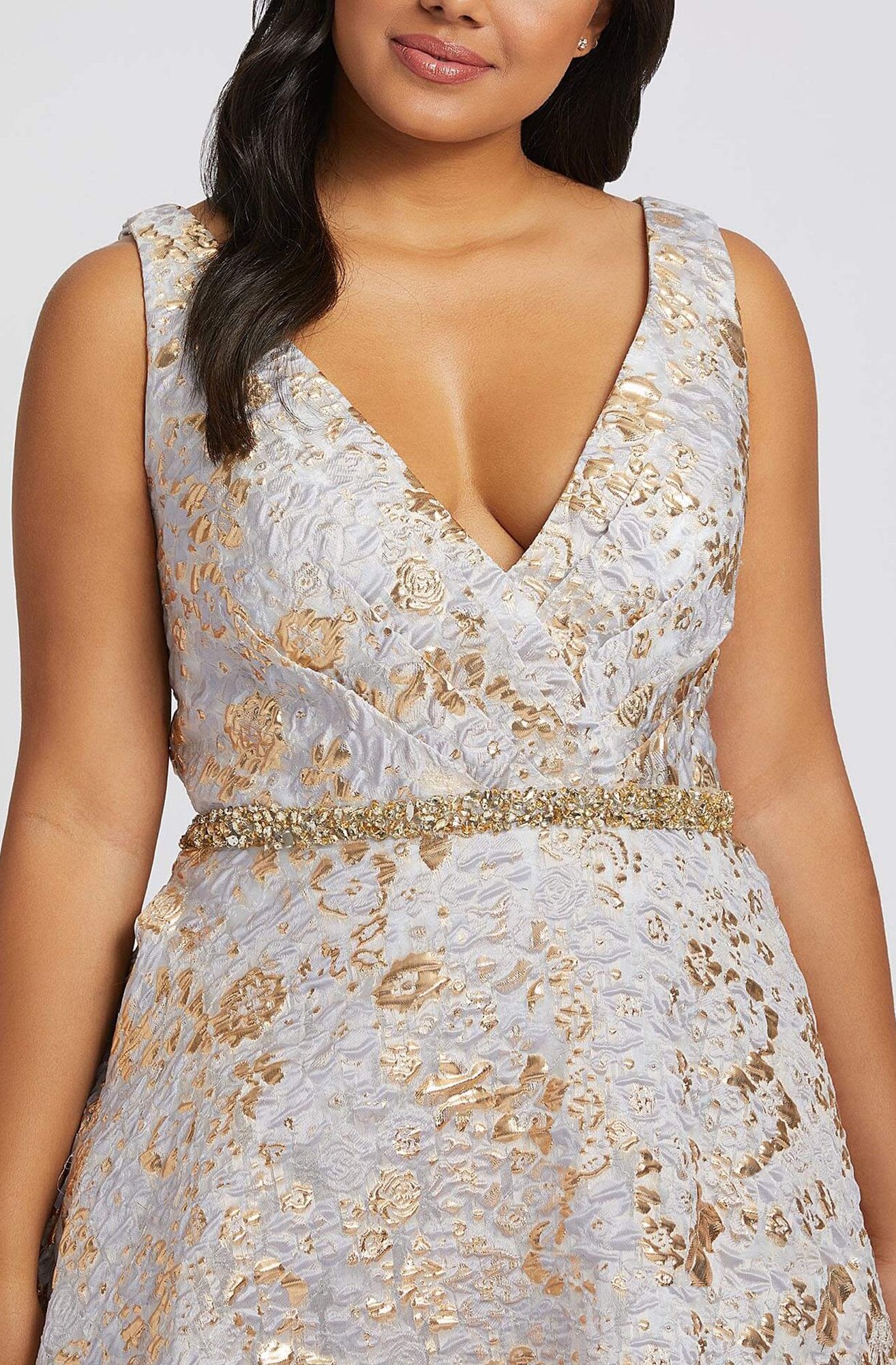 Mac Duggal Fabulouss - 77741F Embossed Flowers A-line Dress In Gold and White