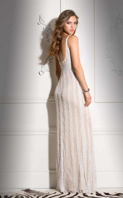 BG Haute - 48722 Sleeveless Sequined Stripe Gown in White and Neutral