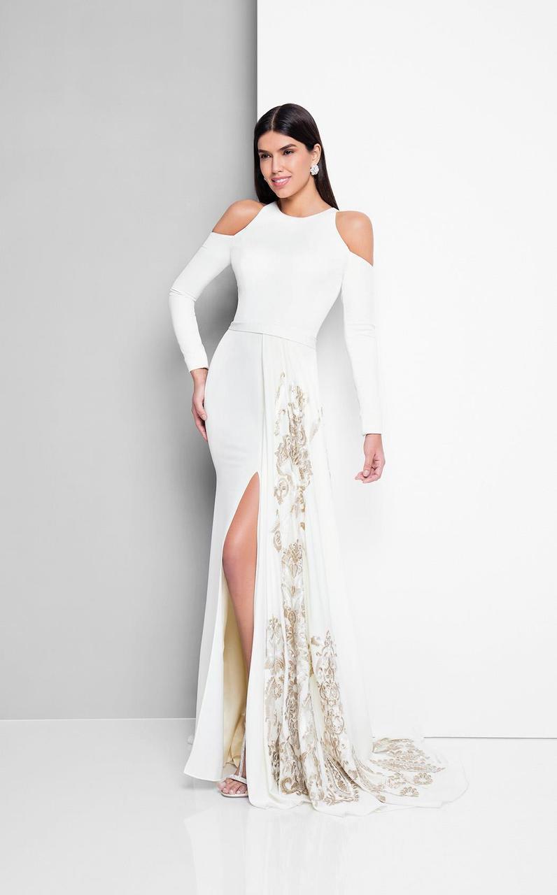 Terani Couture - Sultry Long Sleeves Bateau Neck Laced Mermaid Dress 1713E3626 In White