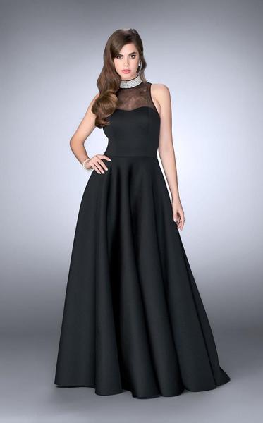 La Femme - Sleeveless Long Black Prom Dress with Pearl Collar 24607 In Black