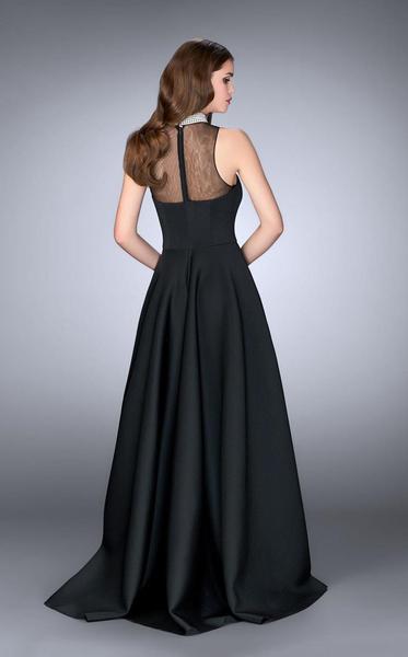 La Femme - Sleeveless Long Black Prom Dress with Pearl Collar 24607 In Black