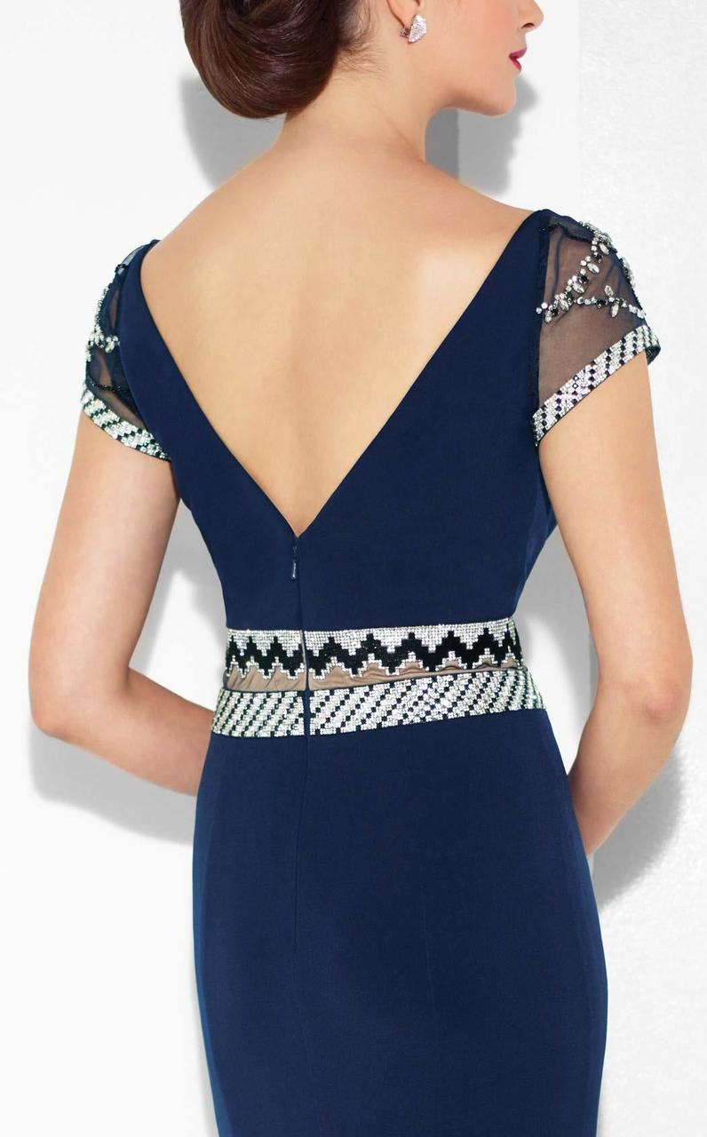 Mon Cheri - Patterned Beaded Illusion Sheath Evening Dress 117624 In Blue