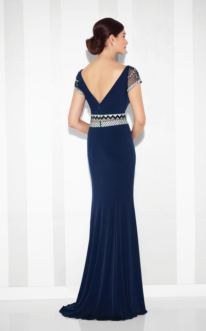 Mon Cheri - Patterned Beaded Illusion Sheath Evening Dress 117624 In Blue