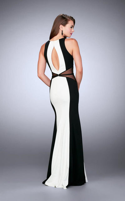 La Femme - Daring Contrast Illusion Sleeveless High Neck Jersey Gown 23711 In White and Black