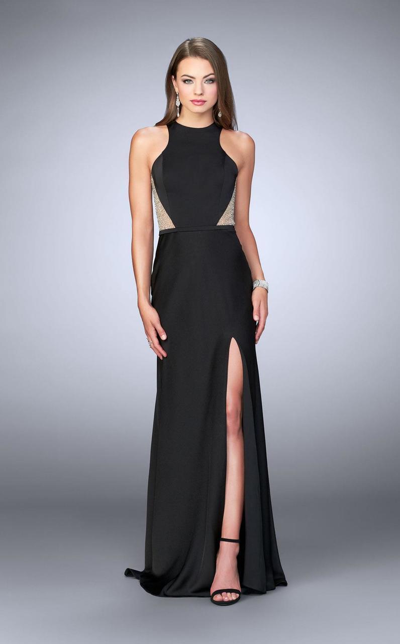 La Femme - 23931 Sleeveless Halter Neck Hour Glass Illusion Jersey Prom Dress in Black