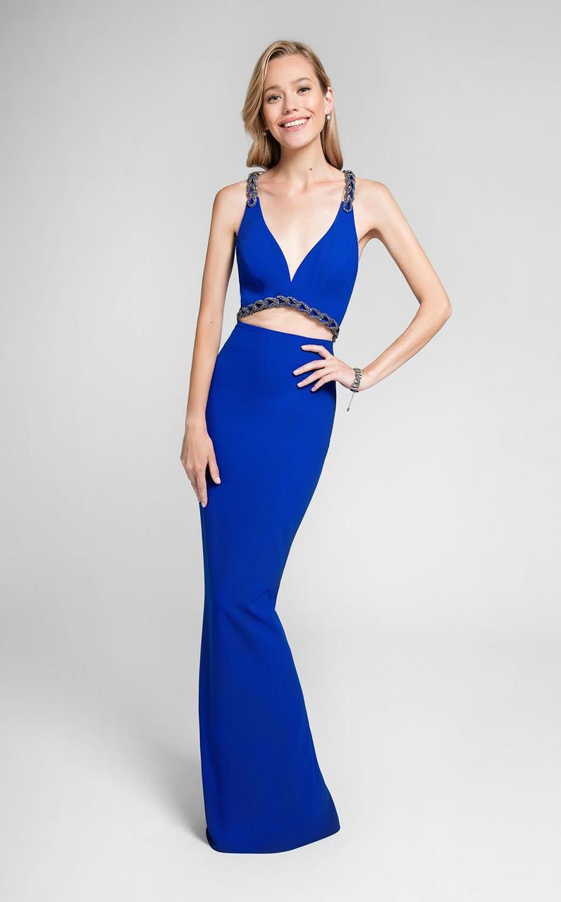 Terani Couture - Deep V-neckline Illusion Chain Beaded Prom Dress 1711P2350 In Blue