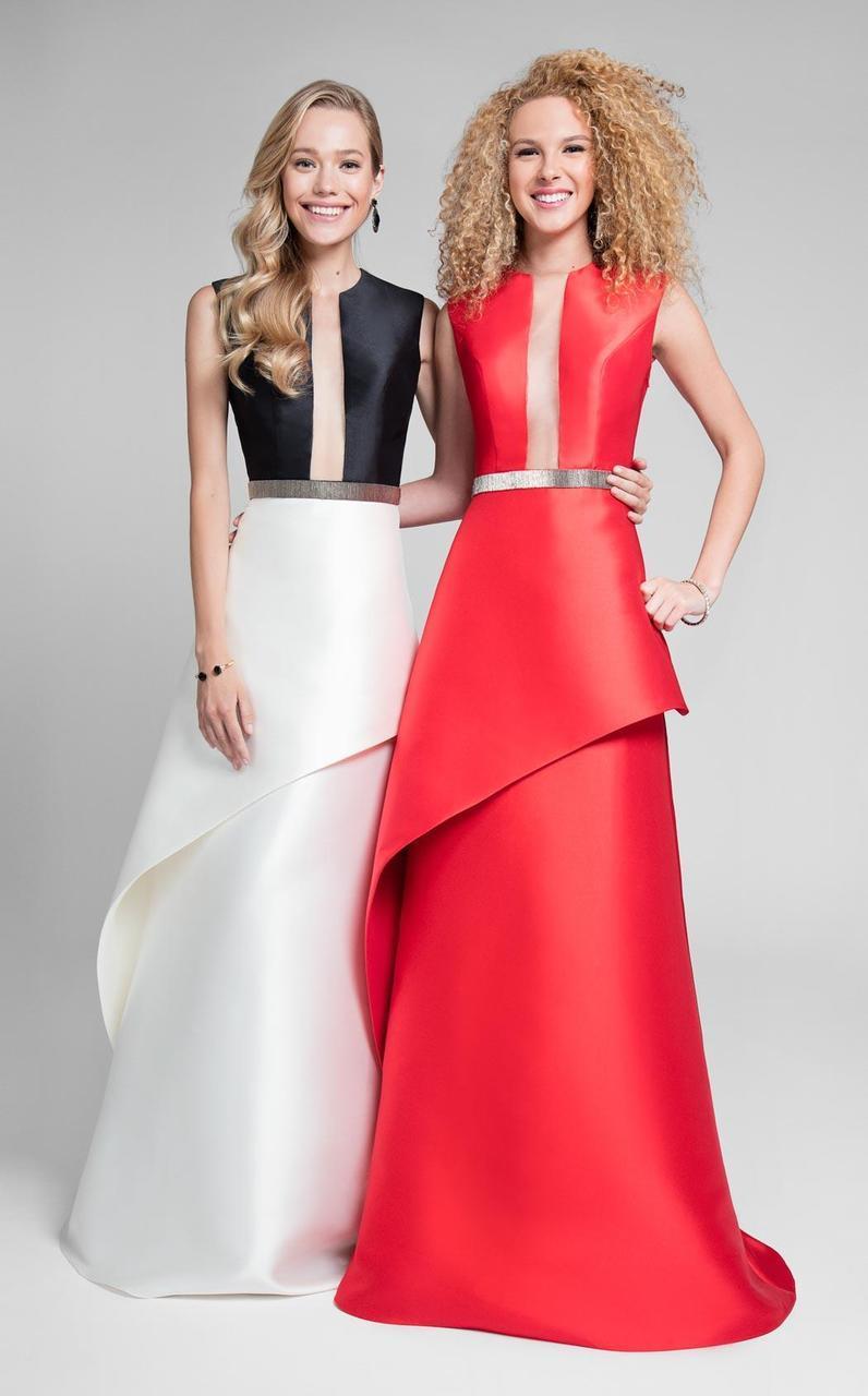 Terani Couture - Chic Illusion Neck Layered A-line Gown 1711P2357 In Red