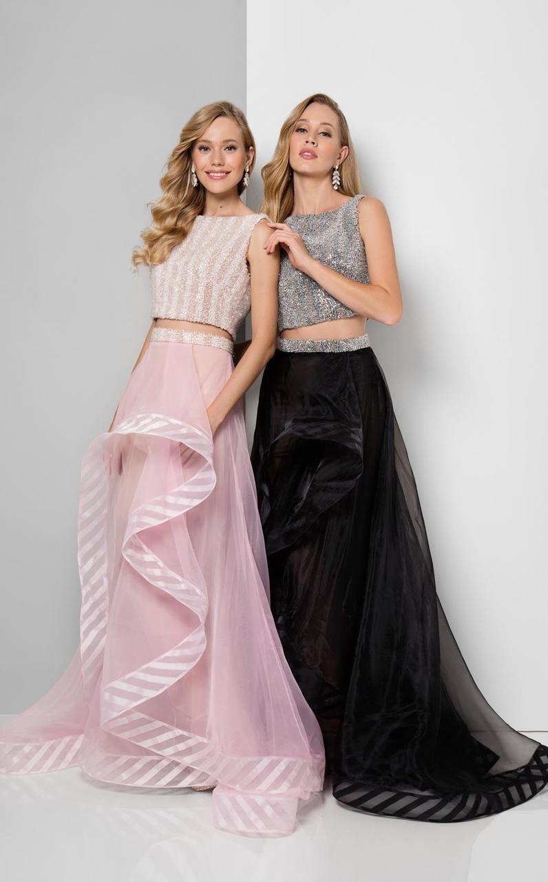 Terani Couture - Sequined Two-Piece High-Low Gown 1711P2697 In Pink and Black