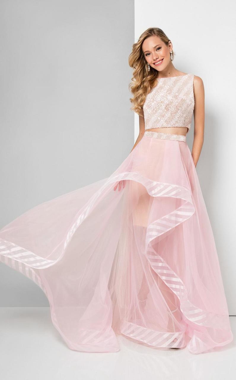 Terani Couture - Sequined Two-Piece High-Low Gown 1711P2697 In Pink and Black