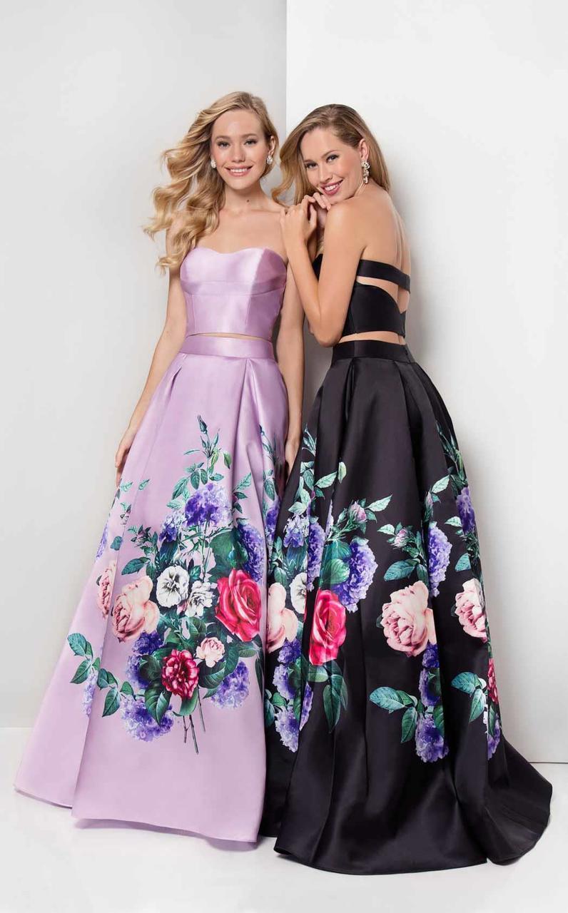 Terani Couture - Two-Piece Floral Pleated A-Line Gown 1711P2703 In Black and Purple