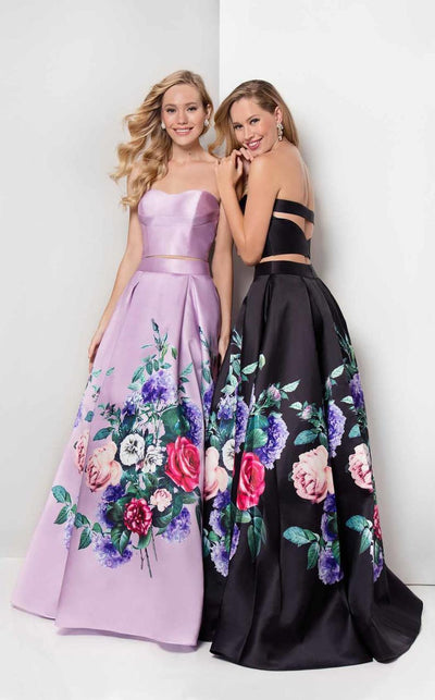 Terani Couture - Two-Piece Floral Pleated A-Line Gown 1711P2703 In Black and Purple