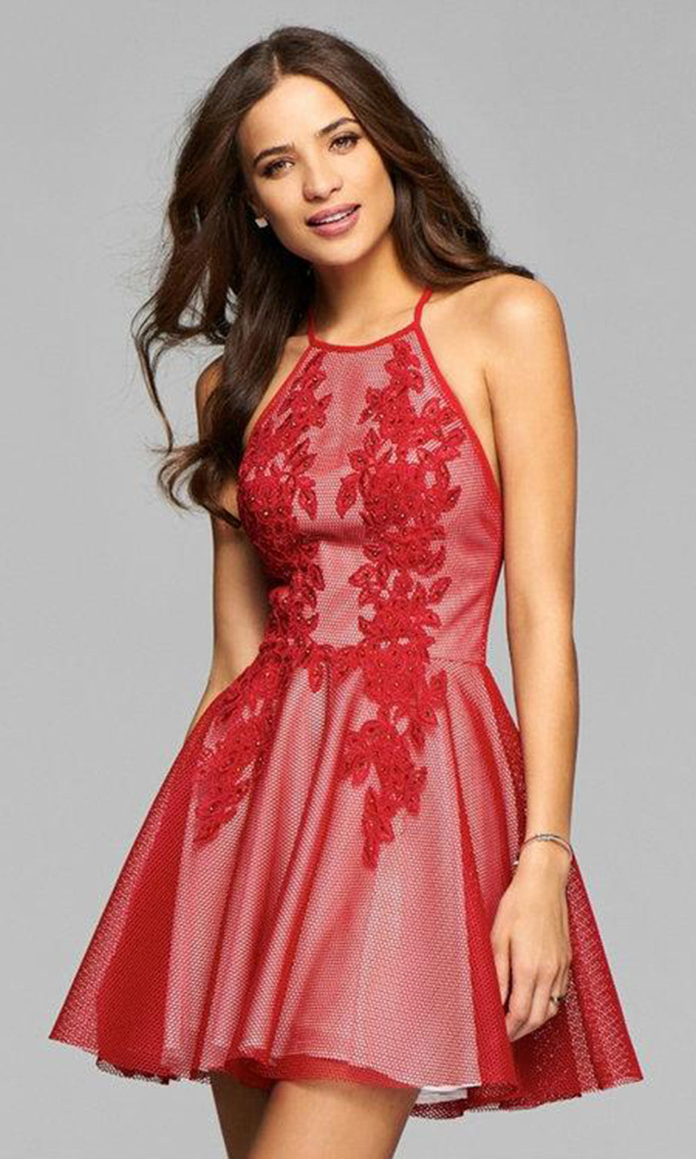 Faviana 7874 Mesh Halter Cocktail Dress With Lace Applique - 1 pc Ruby in Size 6 Available CCSALE 6 / Ruby