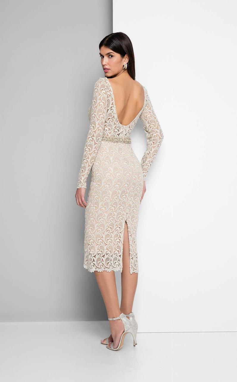 Terani Couture - Long-sleeve Scoop-back Cocktail Dress 1712C3054 - In Neutral