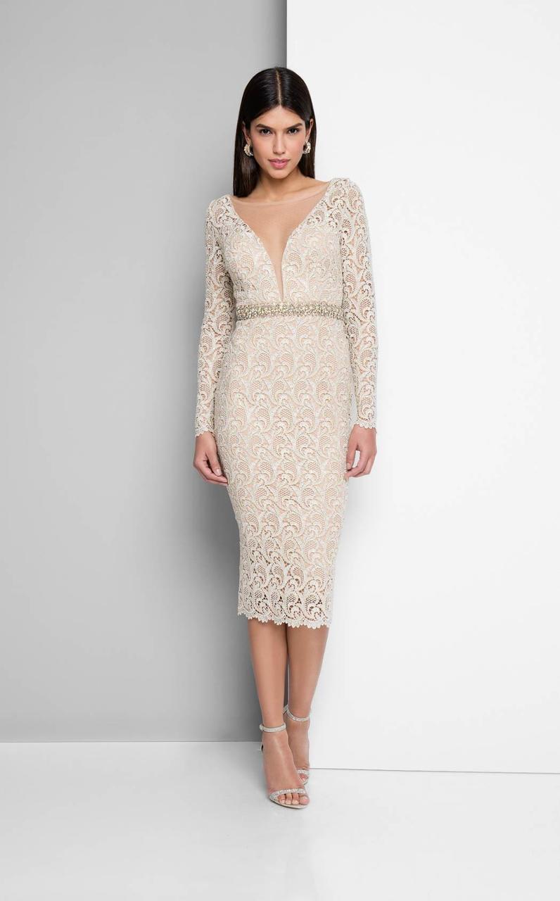 Terani Couture - Long-sleeve Scoop-back Cocktail Dress 1712C3054 - In Neutral