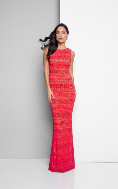 Terani Couture - Decorative Lace Stripes Mermaid Gown 1712E3285 In Red and Neutral