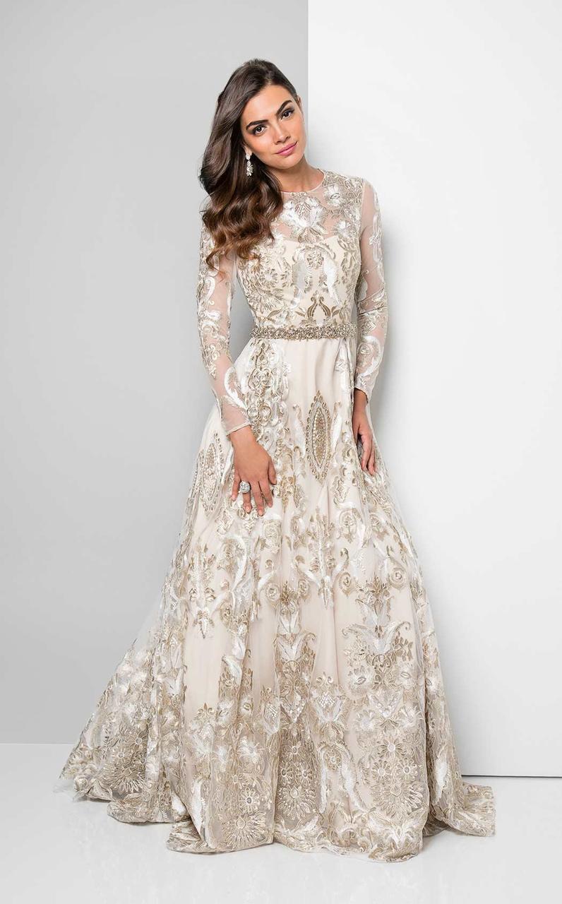 Terani Couture - Metallic Appliqued Illusion Gown 1712E3652 In White and Gold