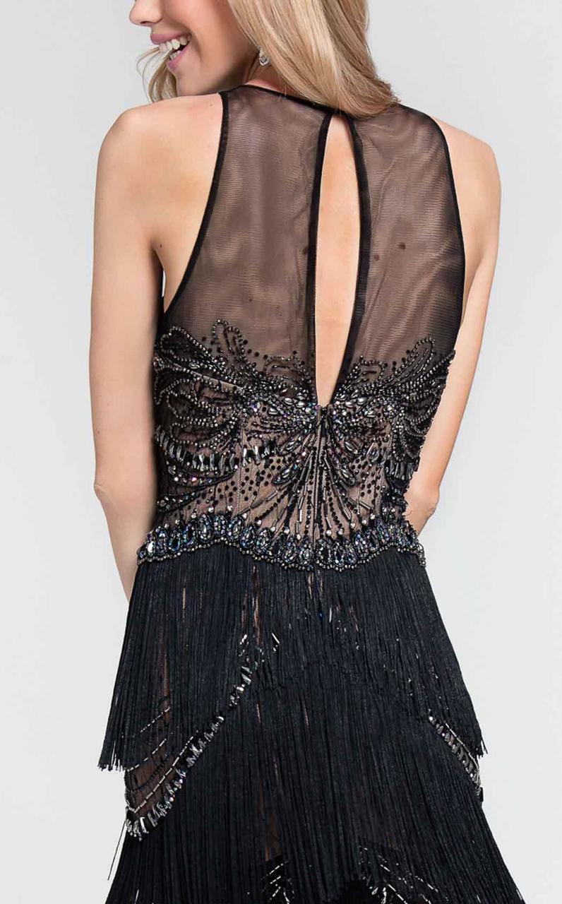 Terani Couture - Fringed Illusion Gown 1712GL3560 in Black