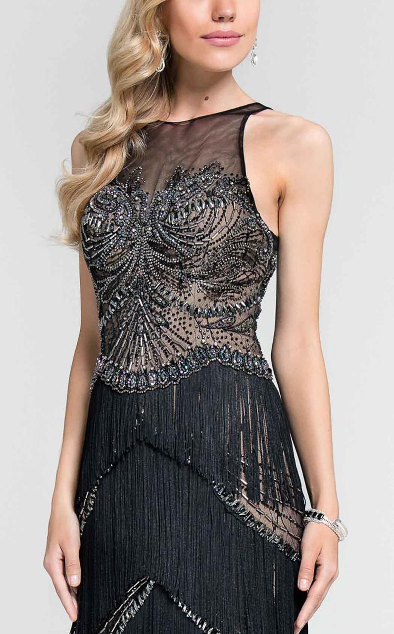 Terani Couture - Fringed Illusion Gown 1712GL3560 in Black