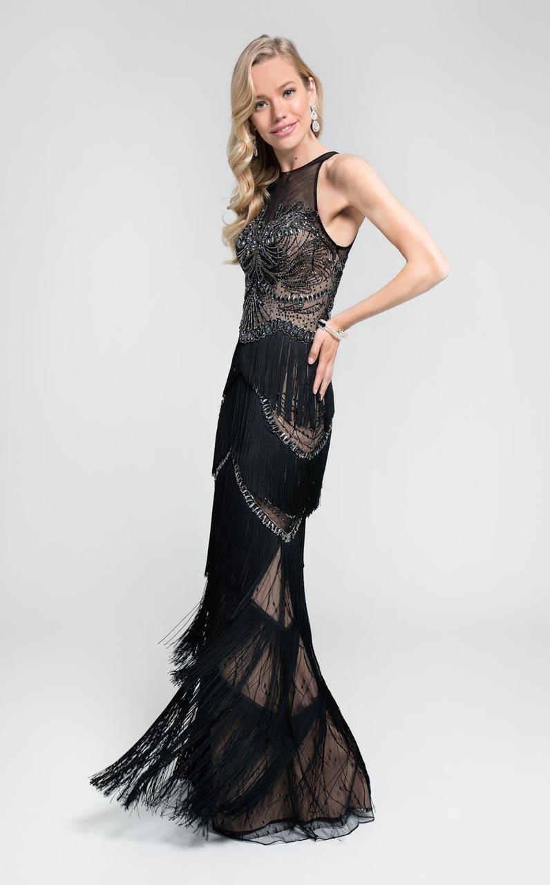 Terani Couture - Fringed Illusion Gown 1712GL3560 in Black