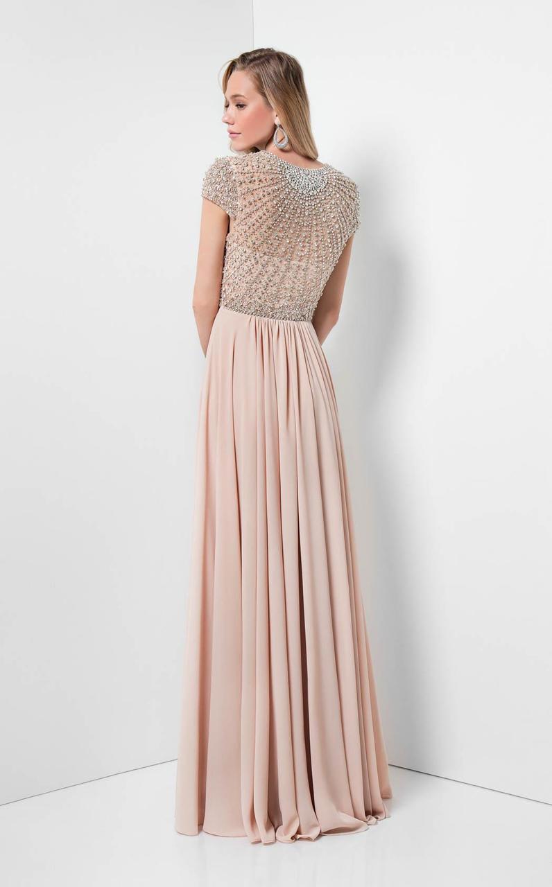 Terani Couture - Embellished V-Neck Chiffon A-line Gown 1712M3429 In Neutral