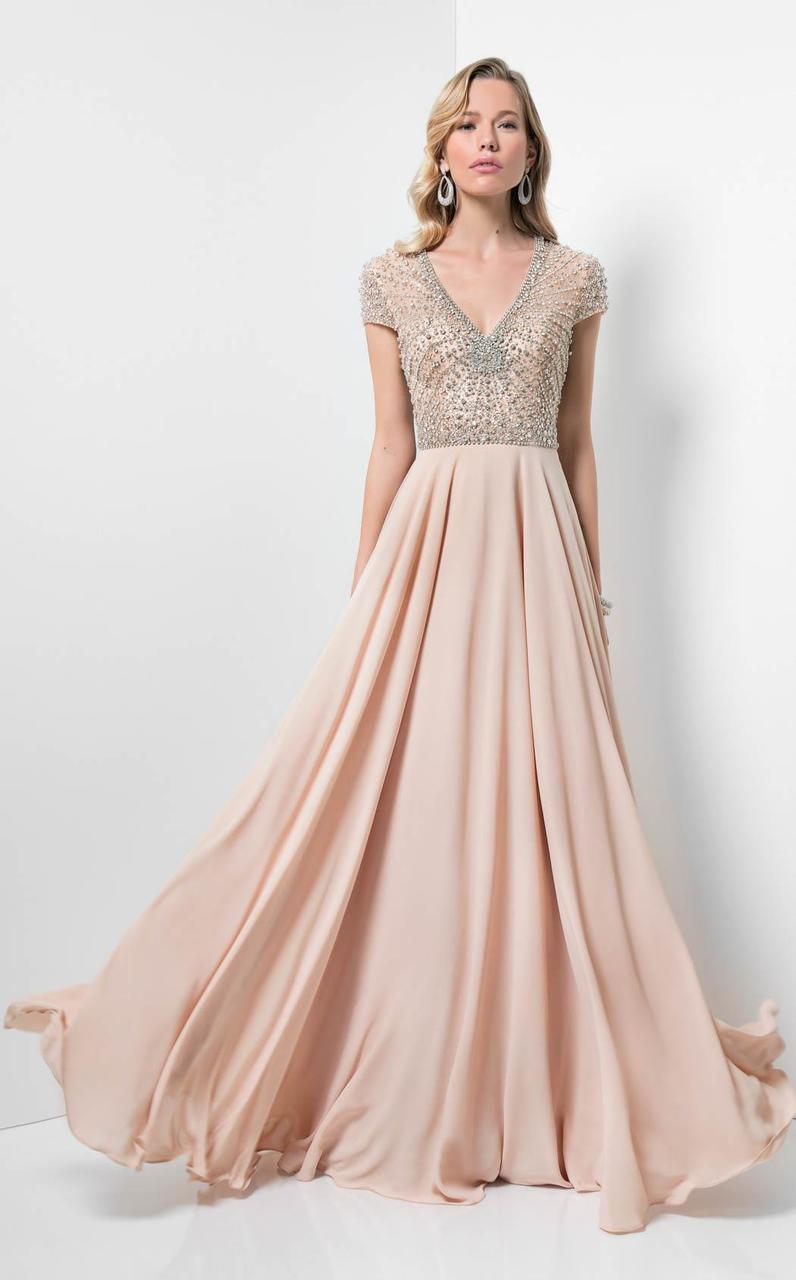Terani Couture - Embellished V-Neck Chiffon A-line Gown 1712M3429 In Neutral