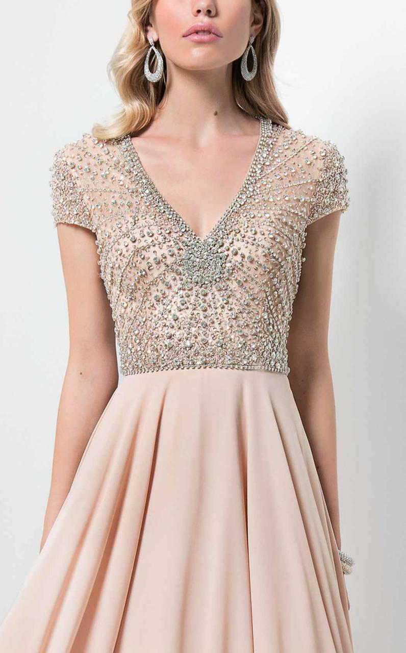 Terani Couture - Embellished V-Neck Chiffon A-line Gown 1712M3429 In Neutral