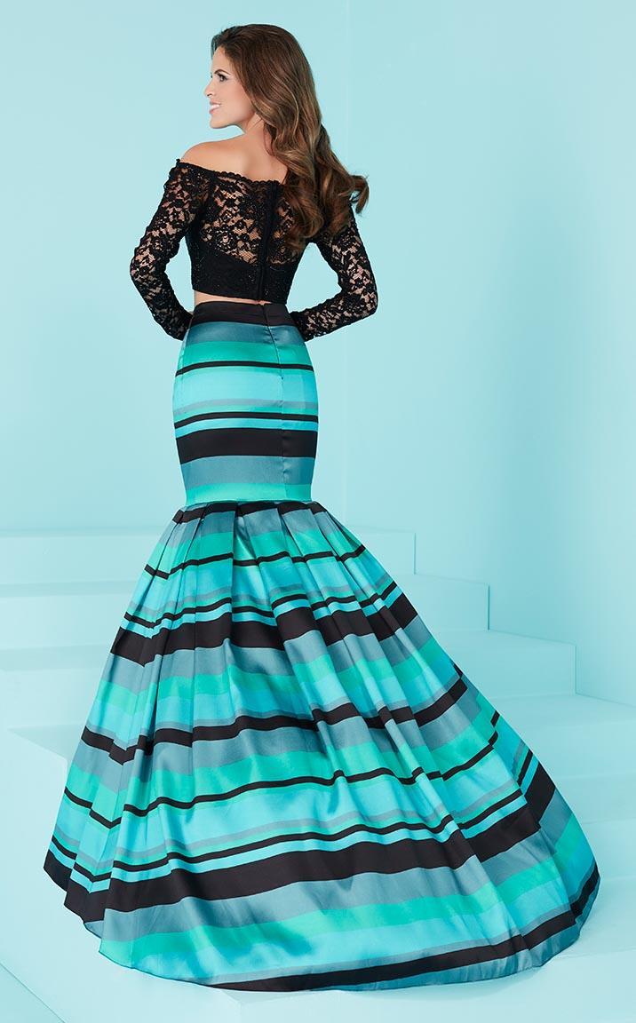 Tiffany Homecoming - 16201 Two-Piece Off Shoulder Striped Mermaid Gown in Black and Green
