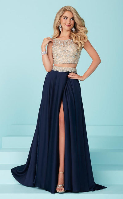 Tiffany Homecoming - Two-Piece Long Prom Dress with Beaded Illusion Top 16212 In Nude and Blue