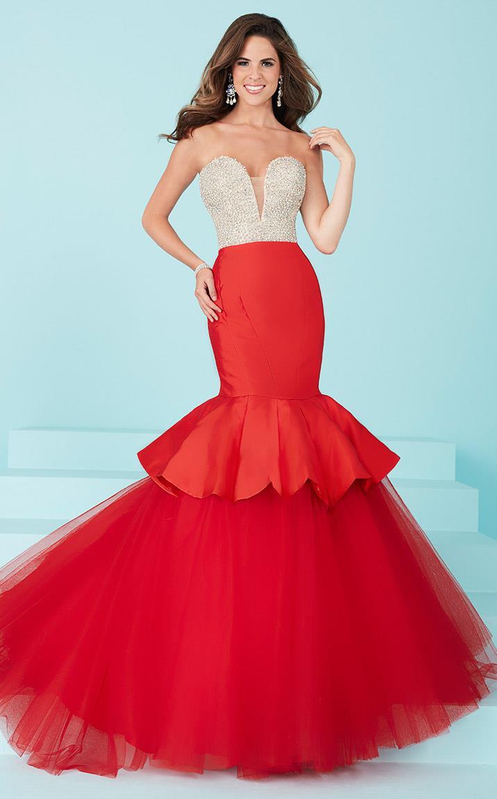 Tiffany Homecoming - Captivating Rhinestone and Crystal Beaded Deep Sweetheart Mermaid Dress 16217 In Neutral and Red