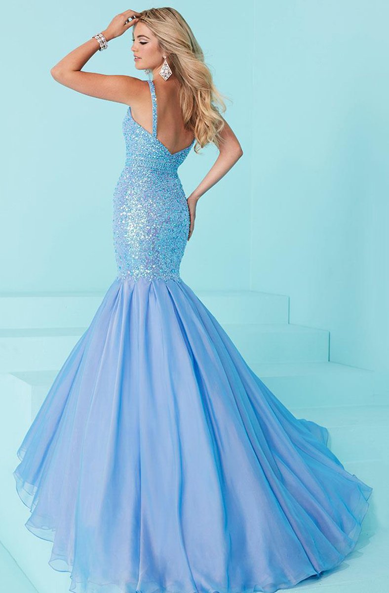 Tiffany Homecoming - 16227 Plunging Flounced Mermaid Gown in Blue