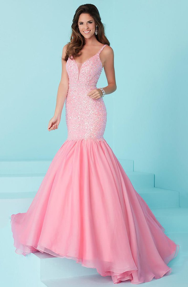 Tiffany Homecoming - 16227 Plunging Flounced Mermaid Gown in Pink